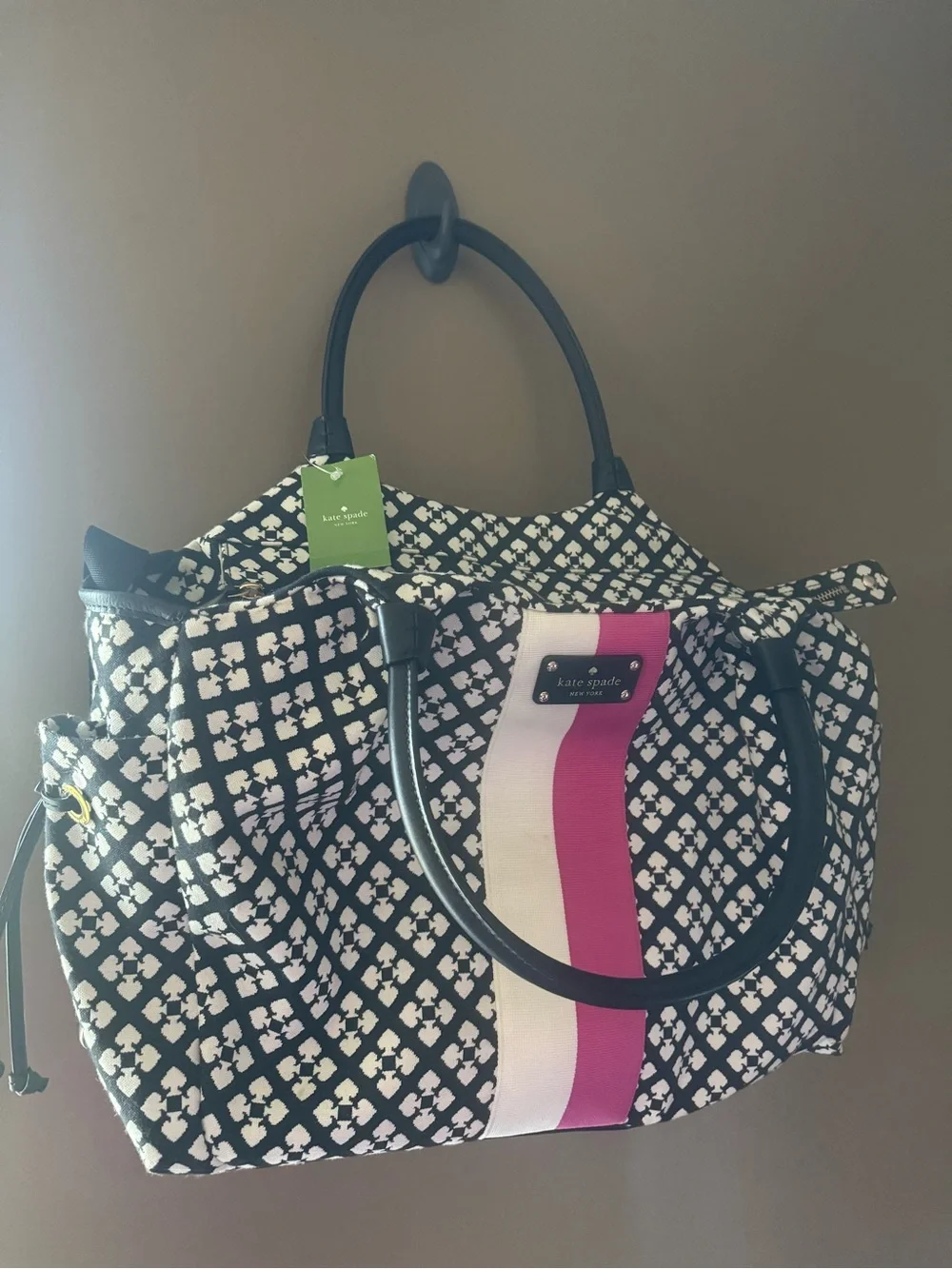 kate spade Black White and Pink Stripe Pattern Baby Bag